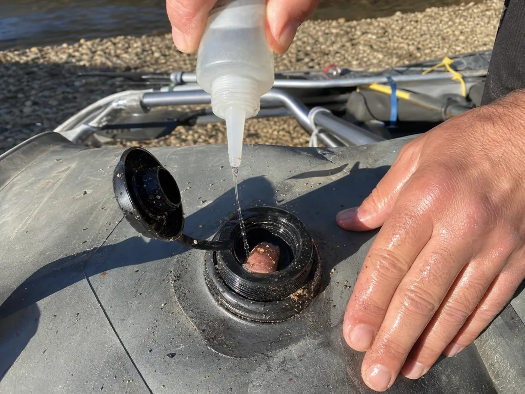 Rinsing grit out of a raft valve and checking the seal during maintenance