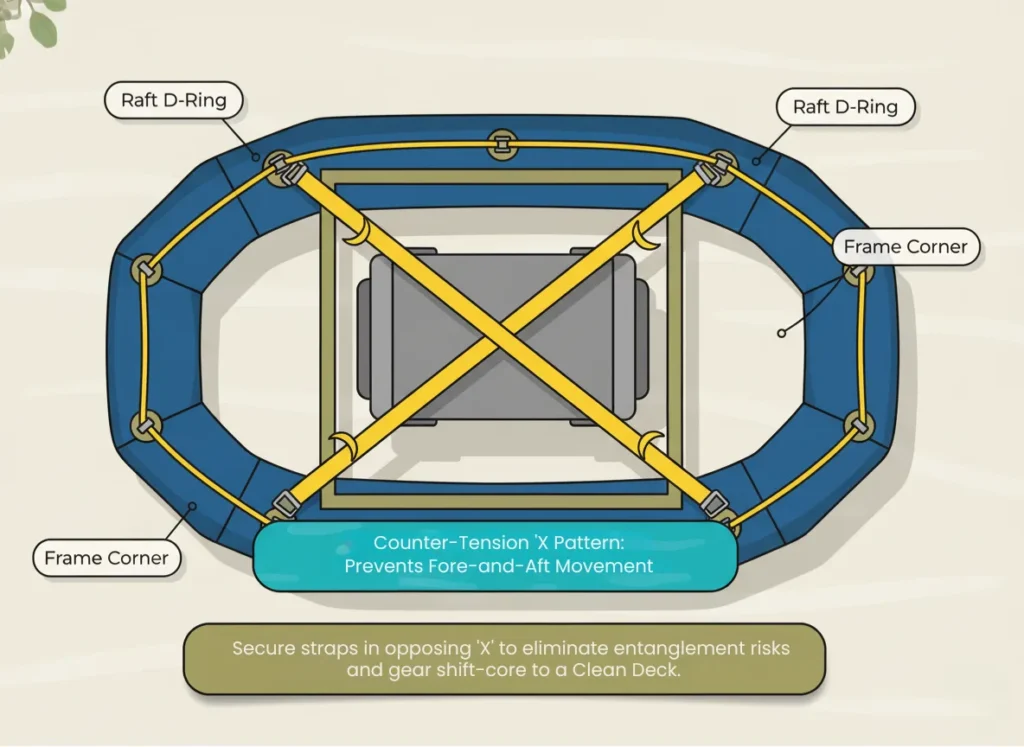 Top-down infographic diagram illustrating the Counter-Tension 'X' Pattern for securing gear in a whitewater raft frame bay, showing four opposing straps from D-rings to frame corners to prevent fore-and-aft movement of a cooler or dry box, in a vibrant educational vector style.