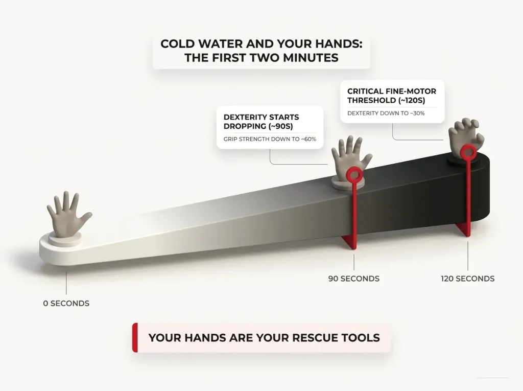 Infographic showing a 0 to 120 second cold-water hand-function timeline with grip strength and dexterity percentage drops labeled