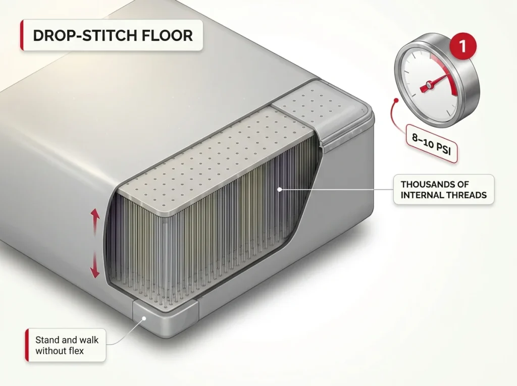 Cutaway of drop-stitch raft floor showing thousands of internal threads between two skins with an 8-10 psi gauge callout