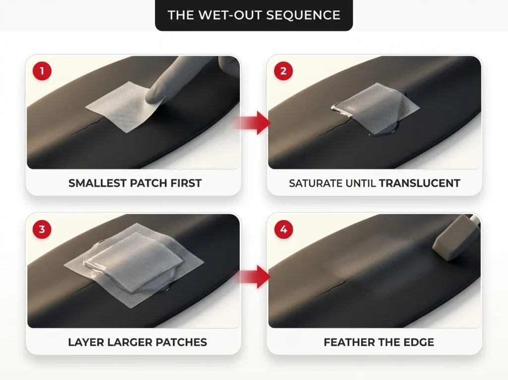 Step-by-step infographic showing fiberglass wet-out technique: smallest patch first, saturating cloth, layering, feathered edge