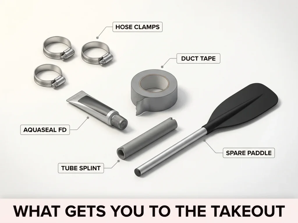 Annotated flat-lay of a river paddle field repair kit with hose clamps, Aquaseal, duct tape, splint, and spare paddle