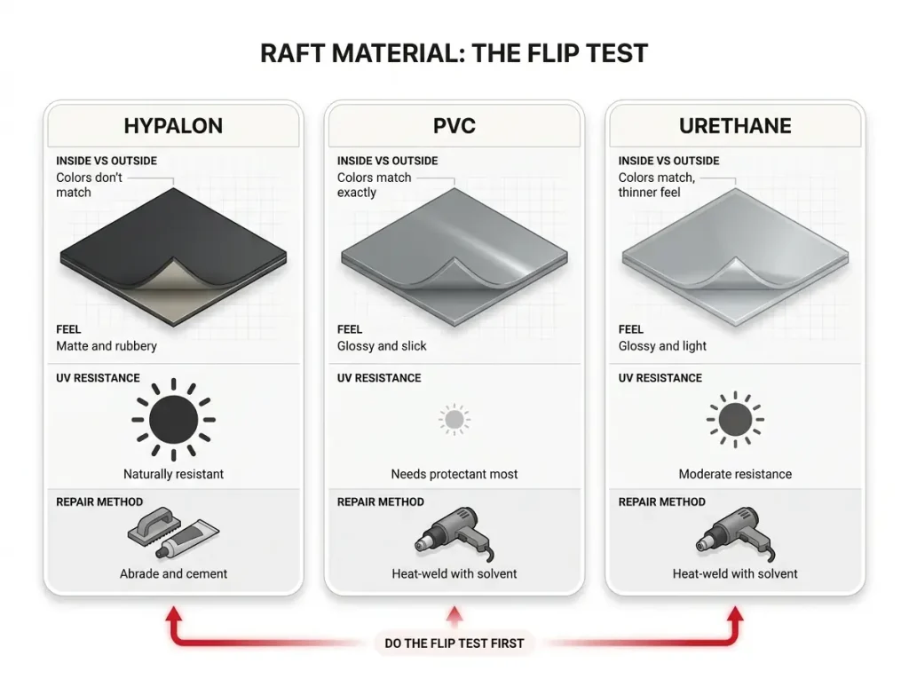Comparison chart showing Hypalon, PVC, and Urethane raft materials with color, feel, UV resistance, and repair method rows