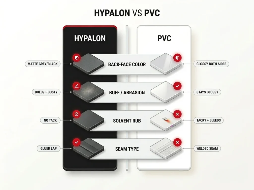 Comparison infographic showing Hypalon vs PVC across four material ID tests with labeled swatches and result markers