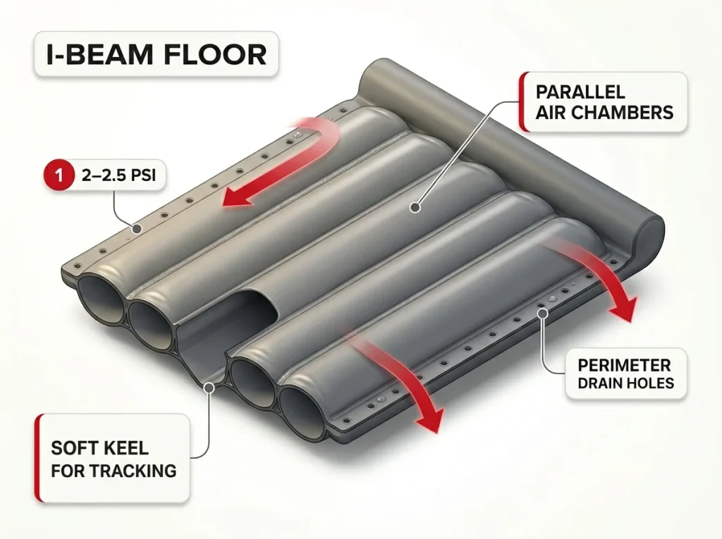Cross-section diagram of an I-beam raft floor showing parallel air chambers as a keel with water draining out perimeter holes