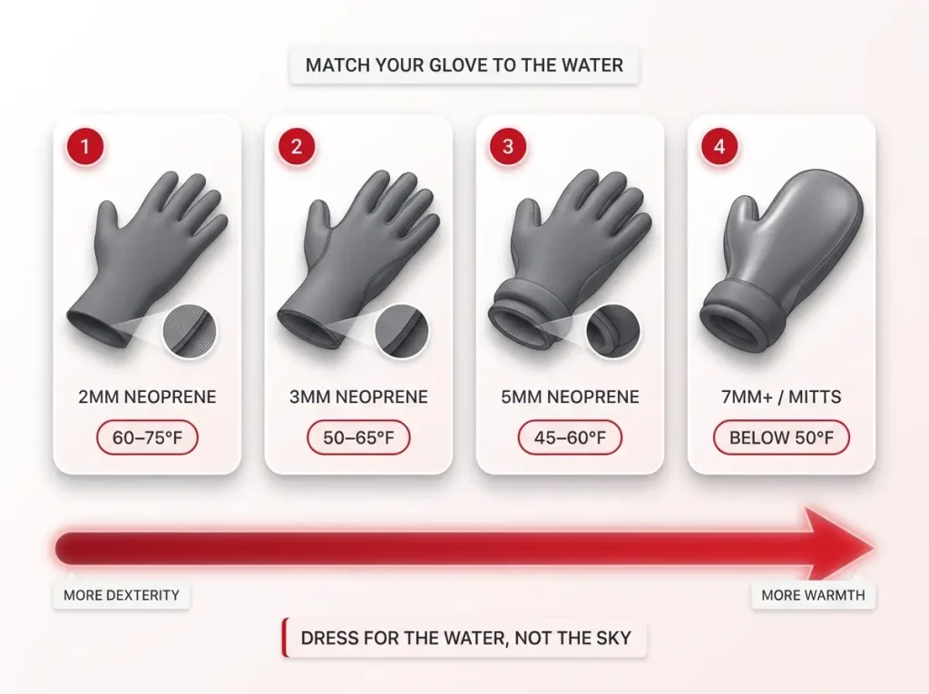 Infographic showing neoprene glove thickness matched to water temperature ranges with a dexterity-vs-warmth tradeoff arrow
