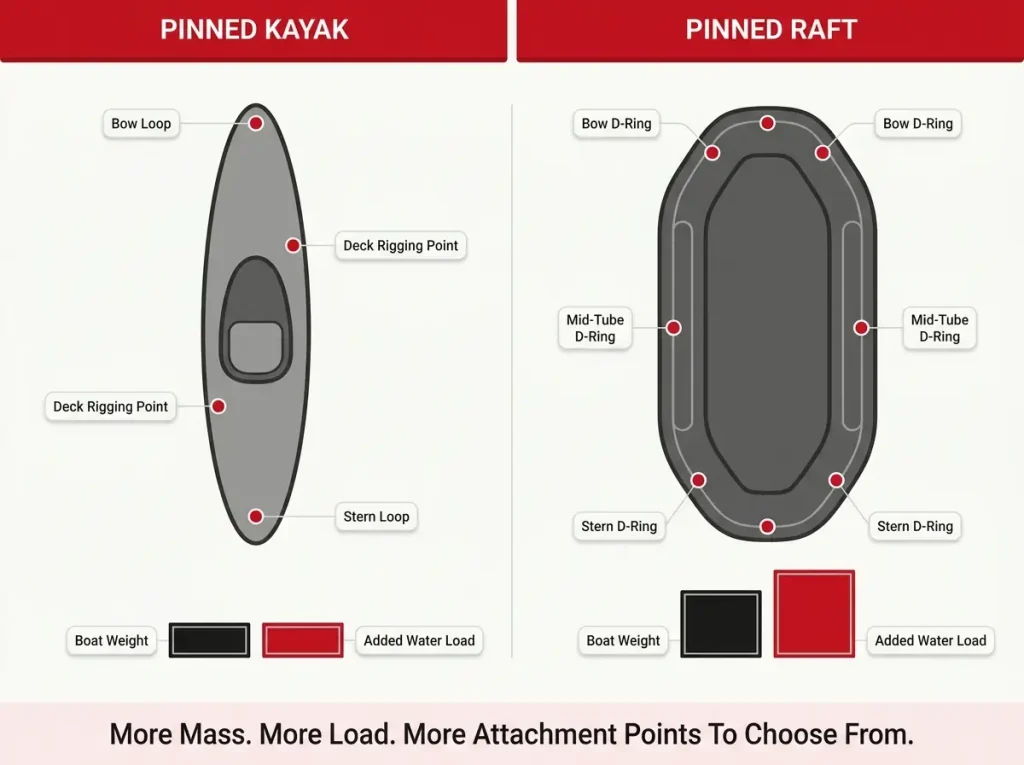 Comparison diagram of pinned kayak vs pinned raft showing mass, water load, and attachment points