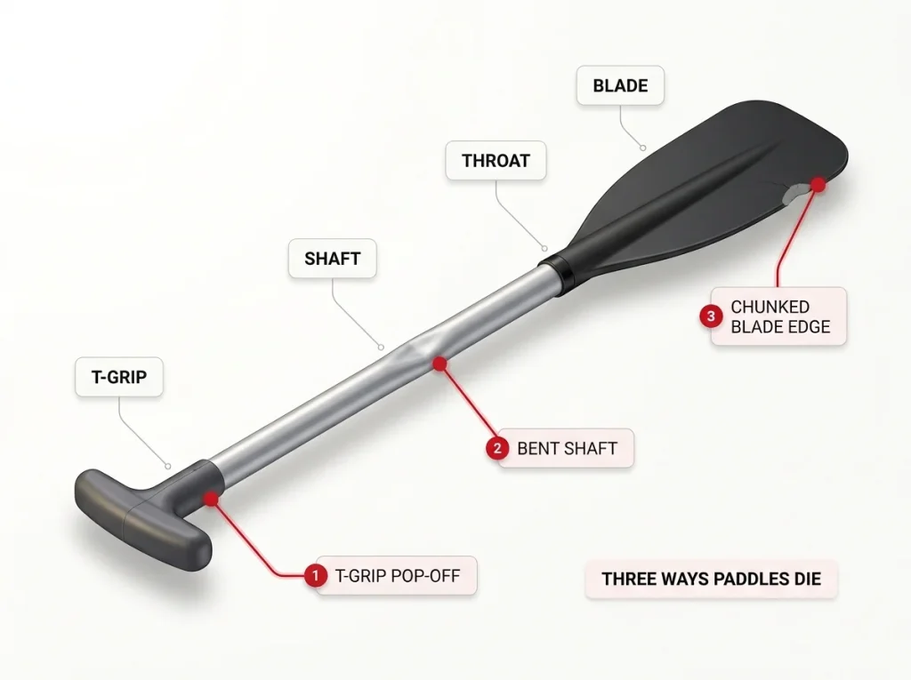 Diagram of raft paddle anatomy showing T-grip, shaft, throat, blade with three labeled failure points
