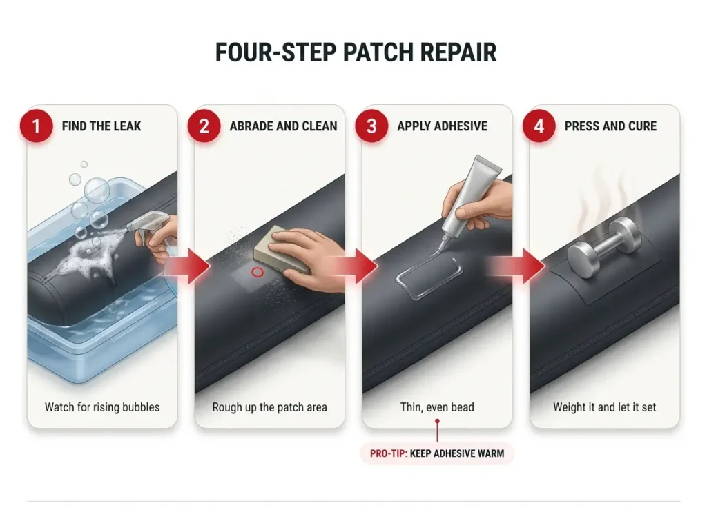Infographic showing four-step raft patch repair sequence from leak test to cured patch with numbered stages