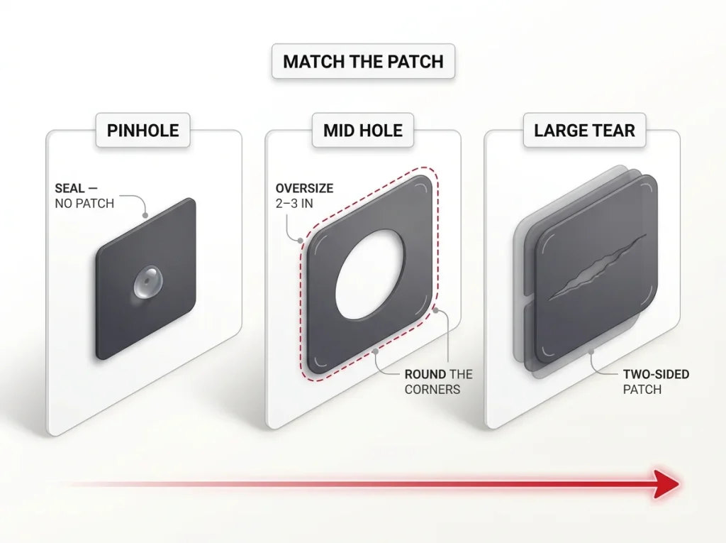 Diagram showing three damage cases with correct patch shape, 2-3 inch oversize margin, and rounded corners for each