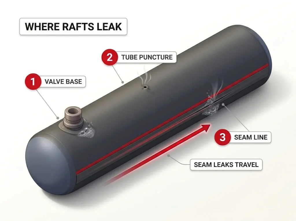 Annotated diagram showing three raft tube leak spots with a seam-travel arrow tracking air along the reinforcing strip