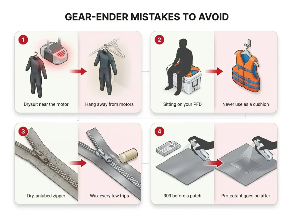 Infographic showing four common rafting gear mistakes paired with their fixes, from drysuit storage to zipper care