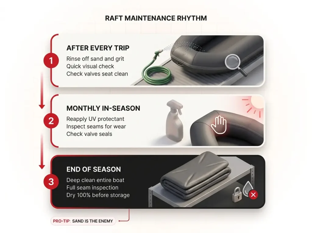 Infographic showing raft maintenance calendar with after-trip, monthly, and end-of-season task tiers and labeled icons