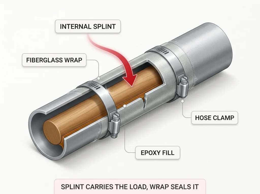 Cutaway diagram of snapped paddle shaft repair showing internal splint, fiberglass wrap, and hose clamps