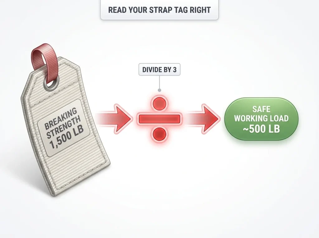 Infographic showing strap tag breaking strength 1500 lb divided by 3 to safe working load of 500 lb