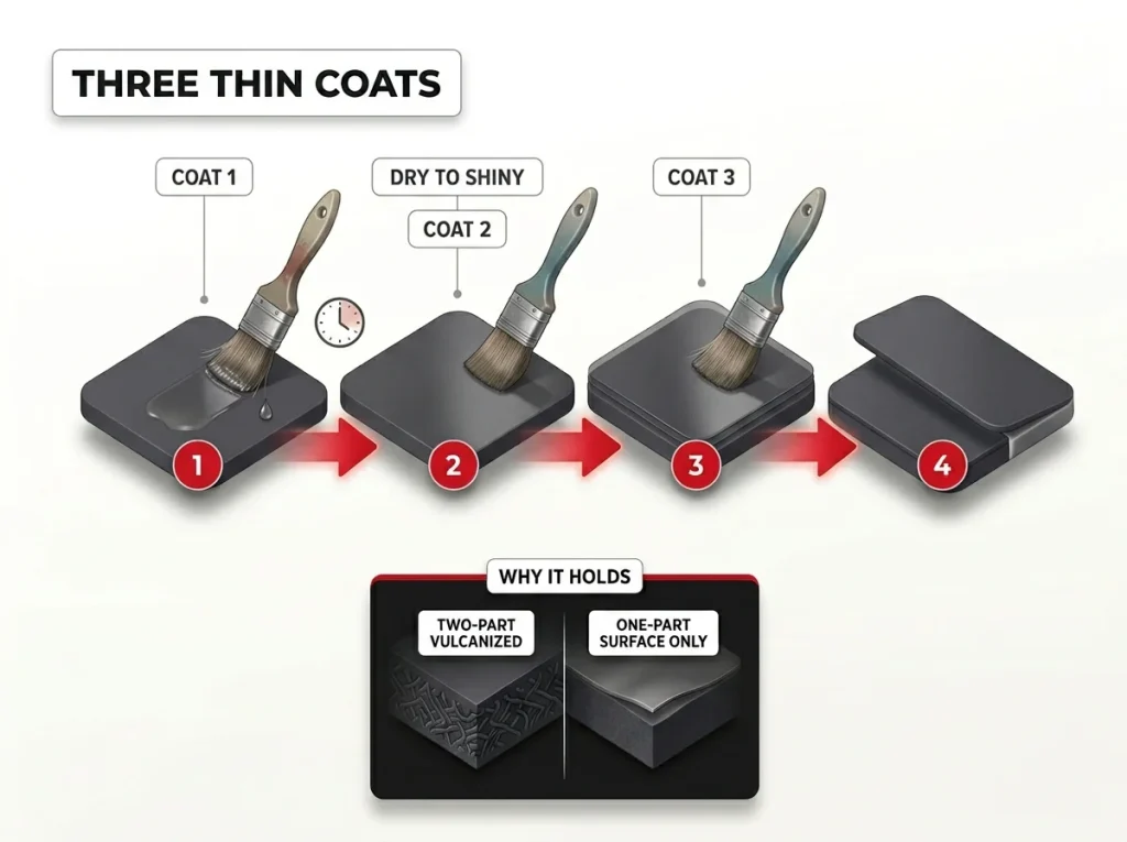 Step-by-step diagram of the three-coat glue timeline to the tacky join window with a two-part vs one-part bond cross-section inset