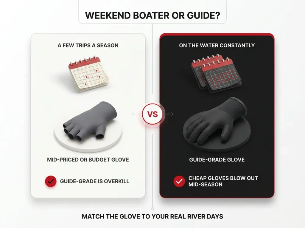 Infographic comparing weekend boater and guide rafting glove needs by trips per season with a recommended glove tier for each