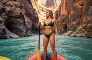 A River Guide’s Career: The Complete Blueprint A female river guide with an athletic build stands on her raft in a vast, beautiful river canyon, looking downstream.