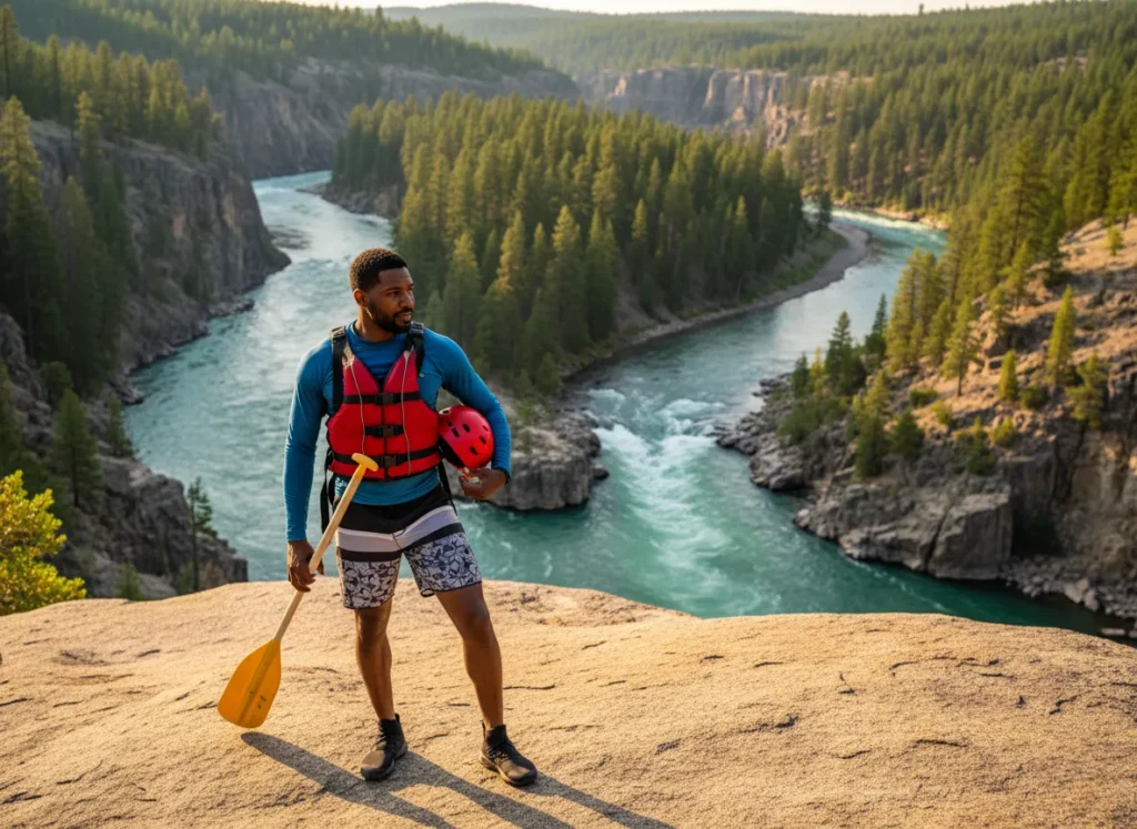 A confident male rafter in full gear stands on a rock overlooking a beautiful river fork, deciding which way to go.