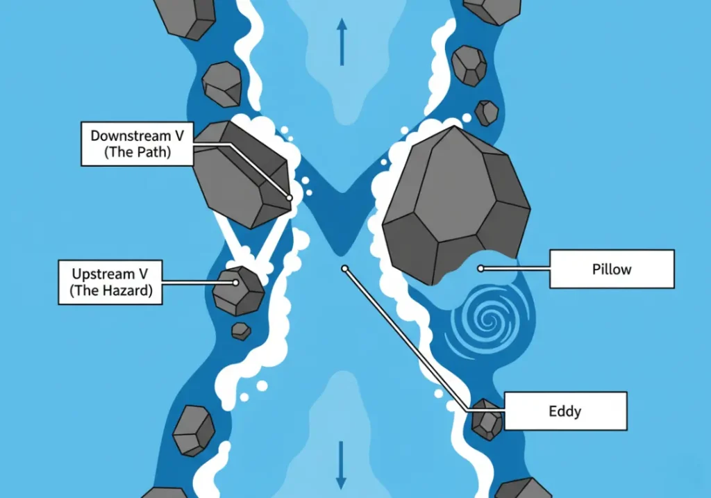 An infographic diagram showing a top-down view of a bony river run. It illustrates key water features for navigation, including a Downstream V labeled 'The Path,' an Upstream V labeled 'The Hazard,' a Pillow of water on a rock, and an Eddy.