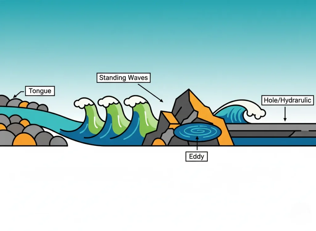 A minimalist flat vector diagram illustrating the key features of a whitewater river rapid, including the smooth entry channel, wave formations, calm side pocket, and recirculating wave, labeled for novice rafters to understand river dynamics.