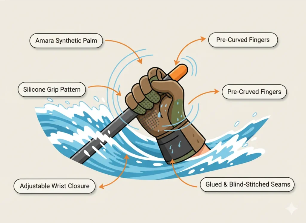 A dynamic infographic diagram illustrating the key anatomical features of a high-performance rafting glove, with callouts highlighting silicone grip patterns, pre-curved fingers, Amara synthetic palm, adjustable wrist closure, and glued blind-stitched seams for superior oar control and safety on the river.