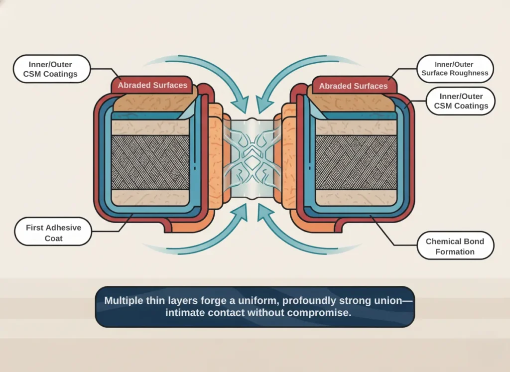 A detailed cross-section infographic illustrating the layered structure of a permanent Hypalon bond, featuring base fabric scrim, CSM coatings, abraded surfaces, three adhesive layers, and patch integration to explain chemical bonding in inflatable repair.