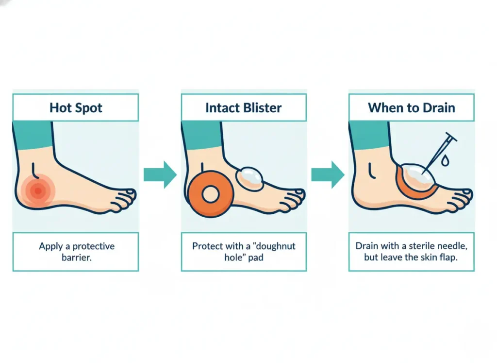 An infographic illustrating the decision process for treating blisters in three steps. The first panel shows how to treat a hot spot by applying a barrier. The second shows protecting an intact blister with a doughnut-shaped pad. The third shows how to safely drain a large blister with a sterile needle.