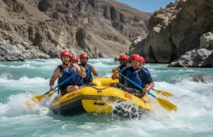 Best Himalayas Rafting Trips: A Rafter’s Data-Backed Guide A team of four diverse and athletic rafters in full gear joyfully paddling through a massive whitewater rapid on a turquoise river in a deep Himalayan gorge.