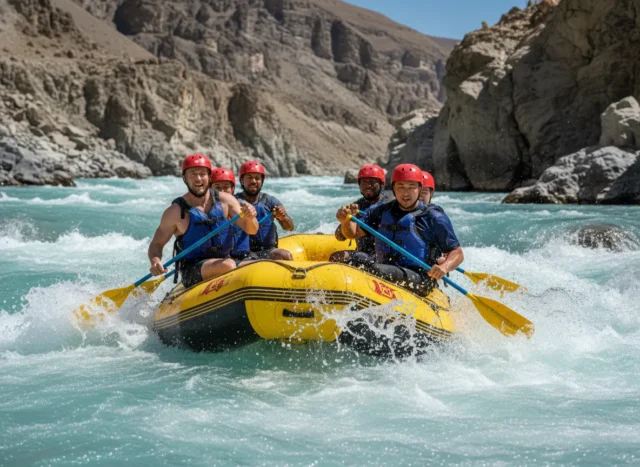 best-himalayas-rafting-trips-a-rafters-data-backed-guide A team of four diverse and athletic rafters in full gear joyfully paddling through a massive whitewater rapid on a turquoise river in a deep Himalayan gorge.