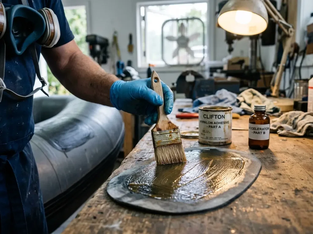 Brushing a thin coat of two-part Hypalon adhesive onto a buffed patch