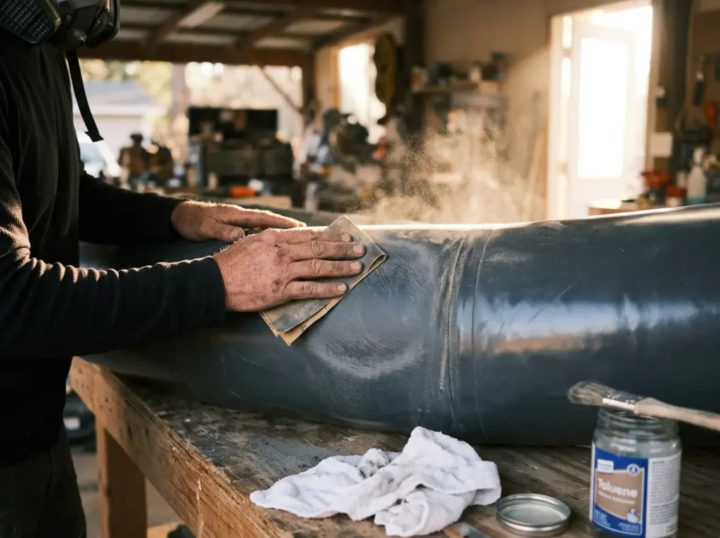 Sanding the matte surface of a Hypalon raft tube to a buffed mechanical key