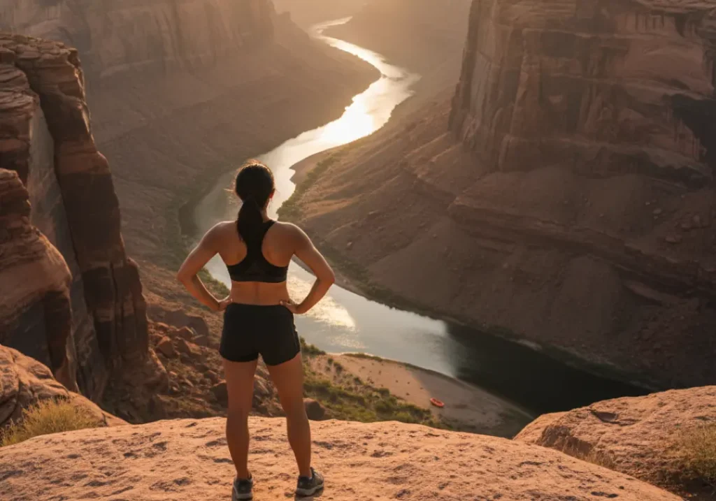 A female river guide stands on a cliff overlooking a winding river at sunset, symbolizing career progression and stewardship.