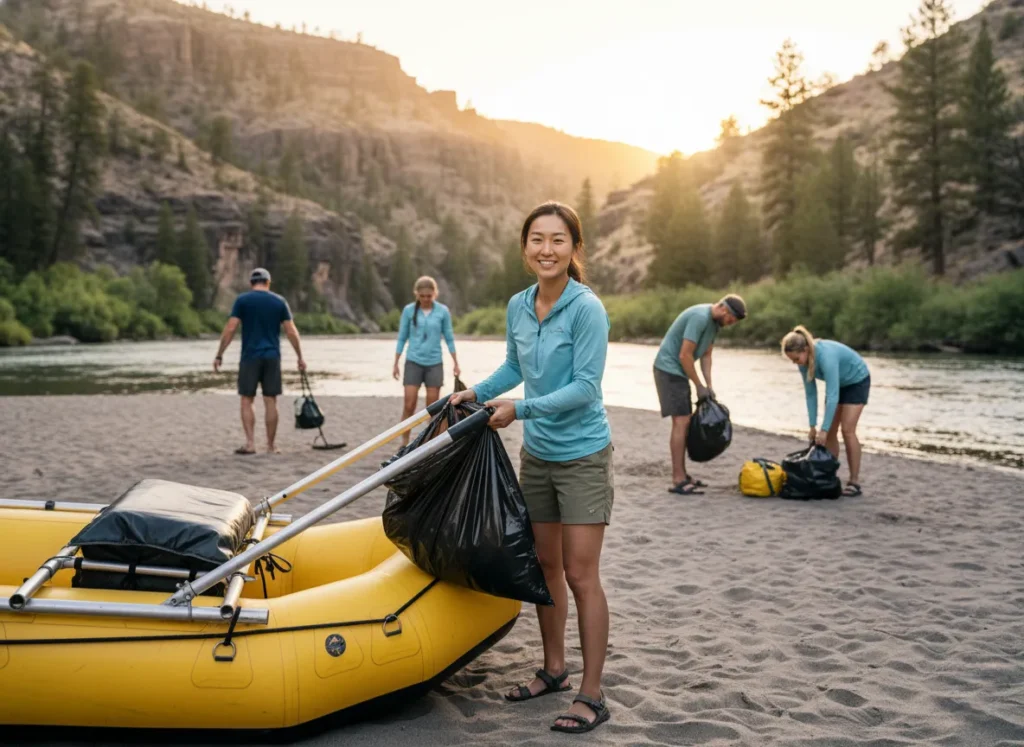 A group of rafters cleaning up their campsite on a river beach, practicing river stewardship by packing out all their trash.