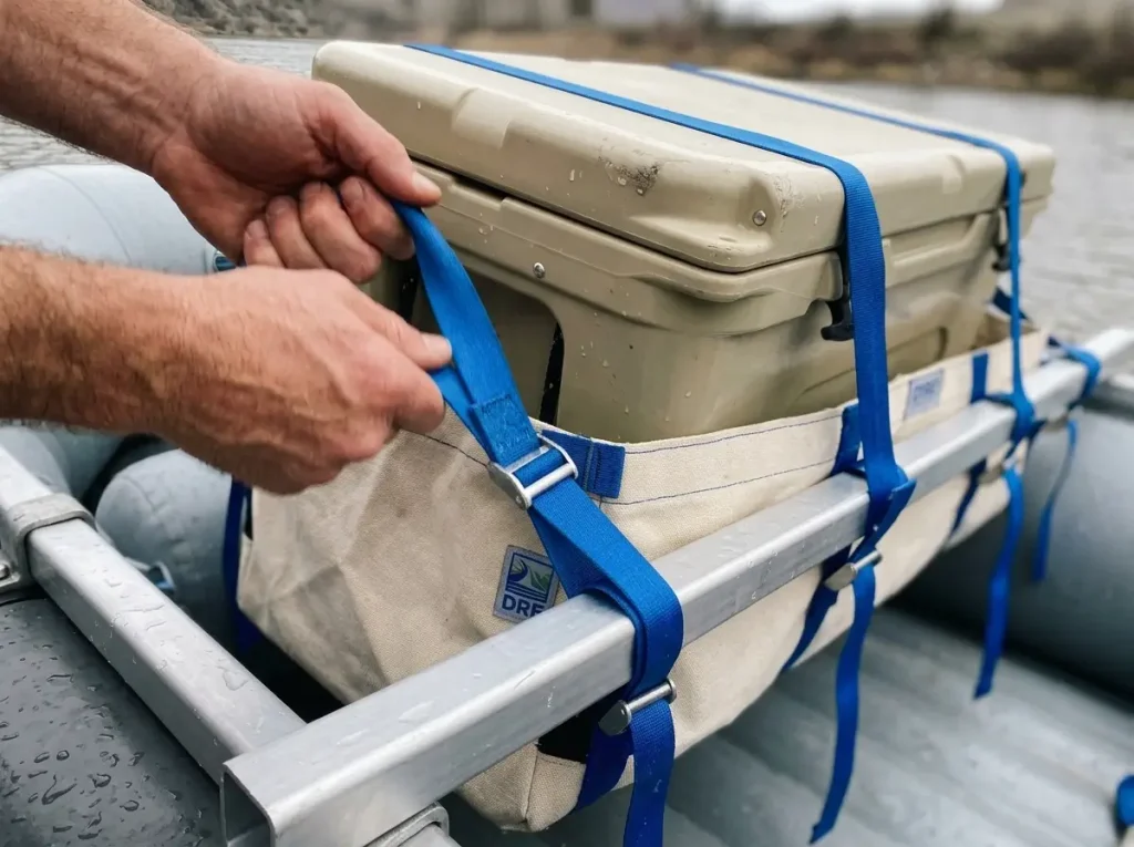 A rotomolded cooler suspended in a drop bag from the raft crossbars instead of welded tabs
