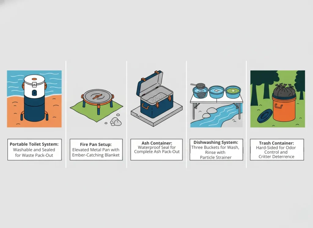 Minimalist vector infographic depicting the essential Leave No Trace gear for regulated river trips, including a portable toilet system, elevated fire pan with protective blanket, sealed ash container, three-bucket dishwashing setup with strainer, and hard-sided trash container, arranged in a horizontal layout with labeled illustrations.