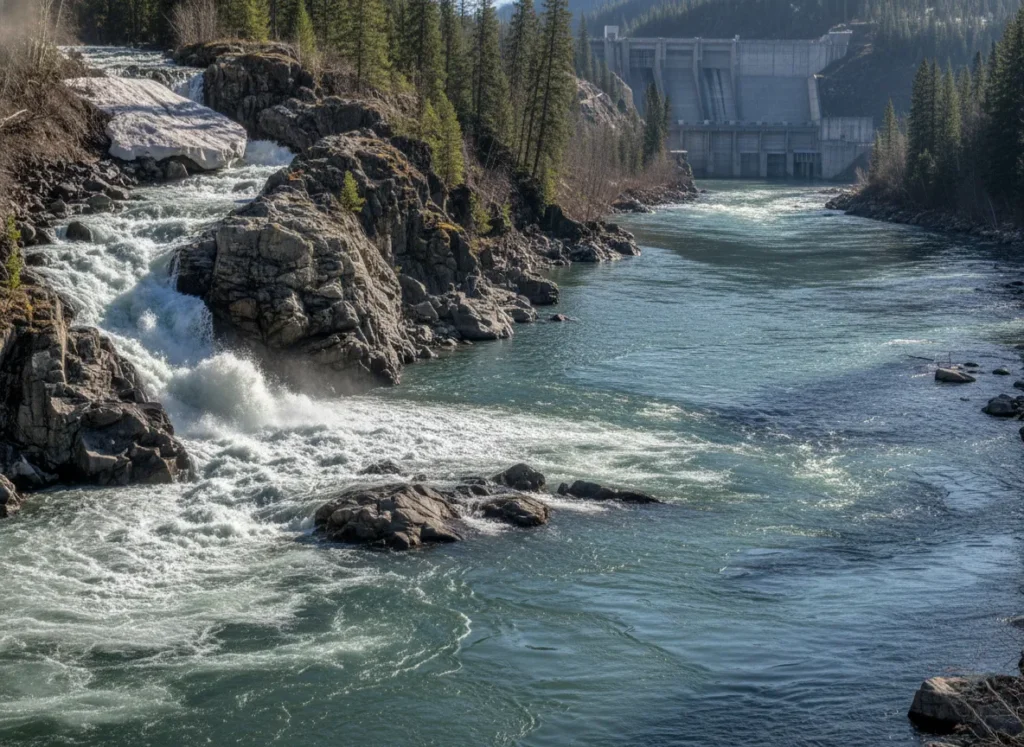 A dramatic landscape showing a wild, snowmelt-fed tributary joining a larger, calmer river with a dam visible in the distant background.
