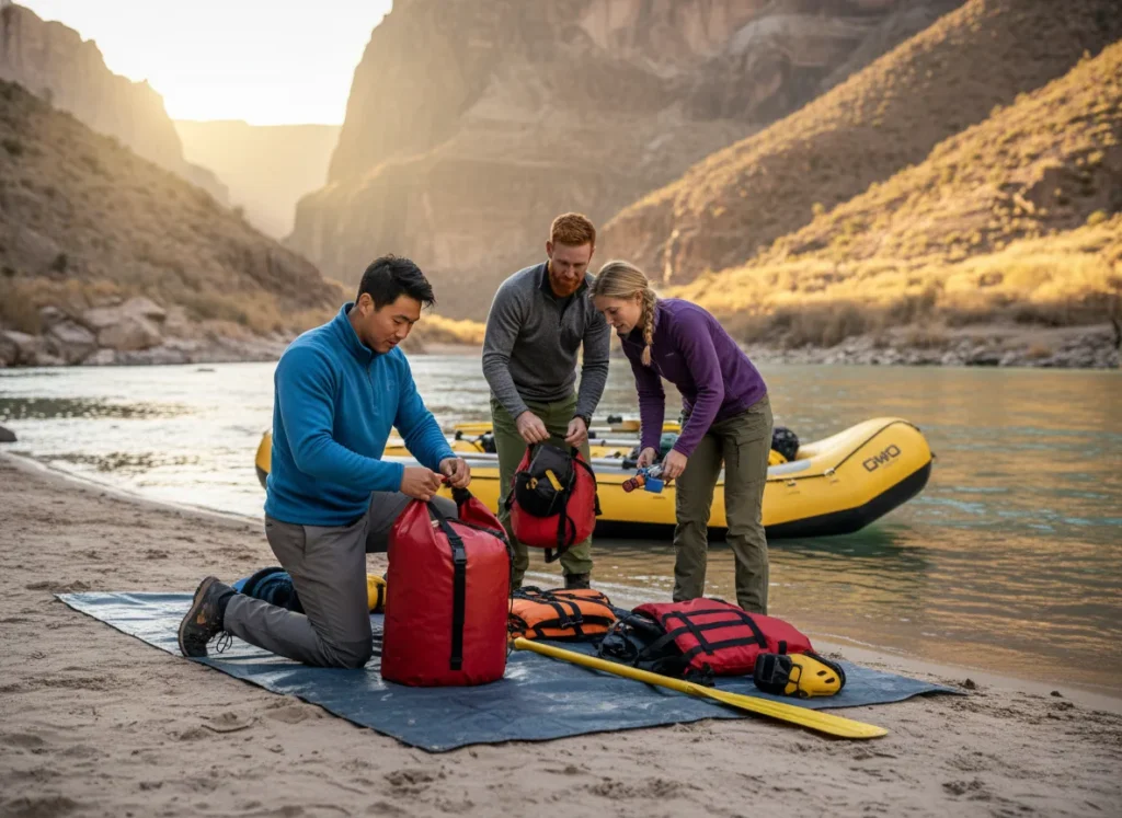 A team of three focused rafters meticulously organizes their expedition gear on a sandy beach beside a Himalayan river at sunrise.