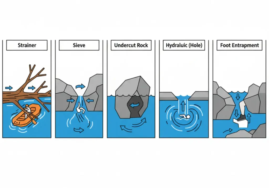 A 5-panel infographic illustrating the 'Fatal Five' river hazards: Strainer, Sieve, Undercut Rock, Hydraulic (Hole), and Foot Entrapment, using minimalist vector cartoons.