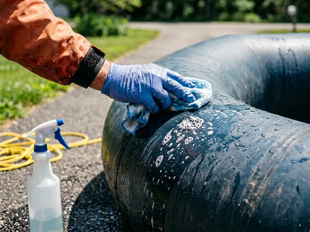 Soapy water bubbling up from a slow leak on an inflated raft tube