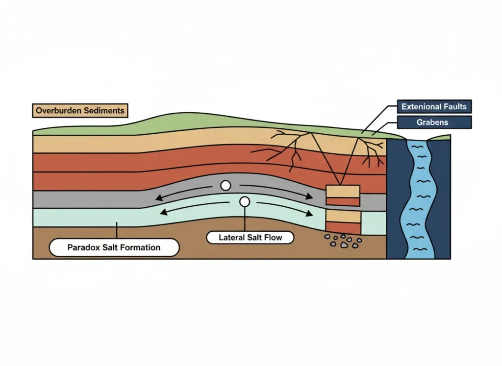 A minimalist cross-section infographic illustrating how lateral salt flow beneath the Colorado River canyon creates extensional faults and grabens, with layered rock formations, flow arrows, and surface collapse features in a flat vector style.