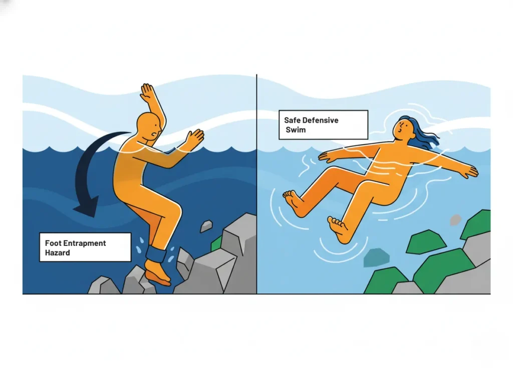 A two-panel infographic contrasting the dangerous standing posture leading to foot entrapment in whitewater with the safe defensive swim position of floating feet-first, in a modern explainer cartoon style.