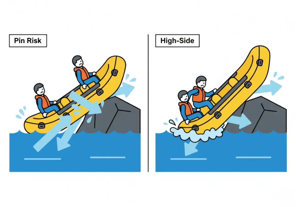 A two-panel infographic explaining the high-side maneuver to prevent a raft from pinning. Panel 1 shows a raft at risk of pinning, with the current pushing the upstream tube down. Panel 2 shows the crew high-siding, lifting the upstream tube and allowing the current to flow underneath the raft safely.