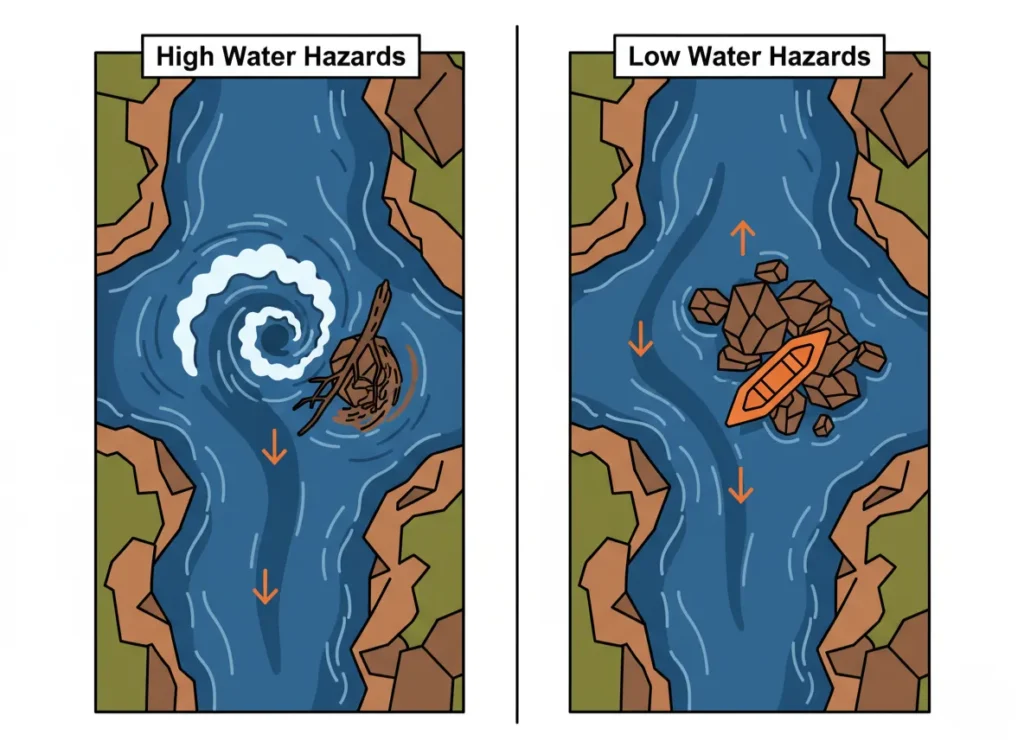 Side-by-side minimalist diagram illustrating river rapid hazards in high water conditions with powerful waves and strainers versus low water conditions with exposed rocks and clear channels, in a flat vector style for rafting safety education.