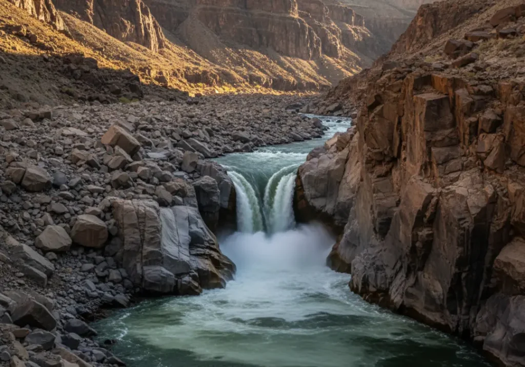 A river being squeezed through a narrow channel formed by a geological debris fan, demonstrating how rapids and wave trains are created.