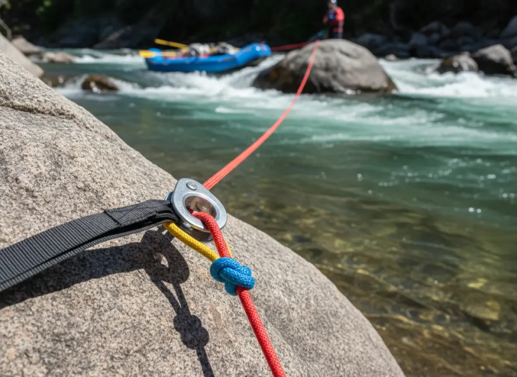 A Z-drag rope system rigged to a large boulder on a riverbank, set up to rescue a wrapped raft pinned on a rock.