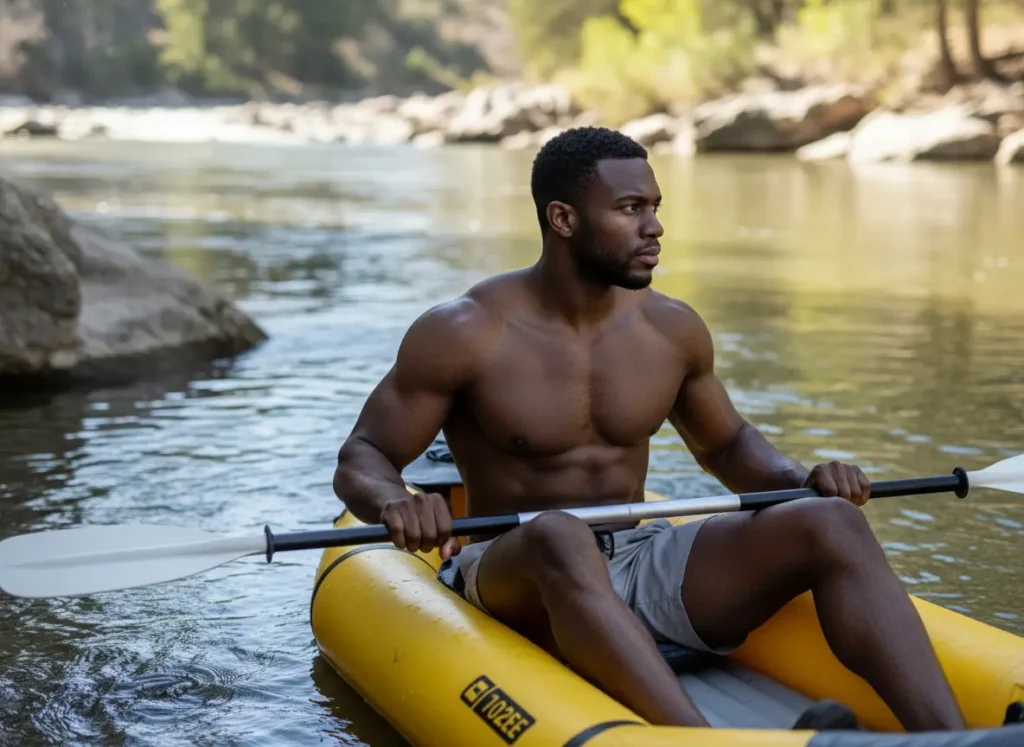 A muscular male rafter in a kayak pauses in an eddy to carefully scout the river downstream for hazards like low-head dams.
