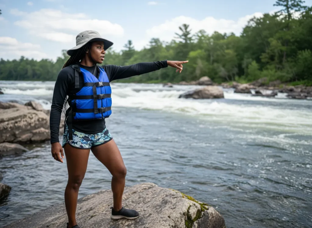 A female rafter stands on a rock scouting a rapid, pointing out a safe route through the whitewater ahead.