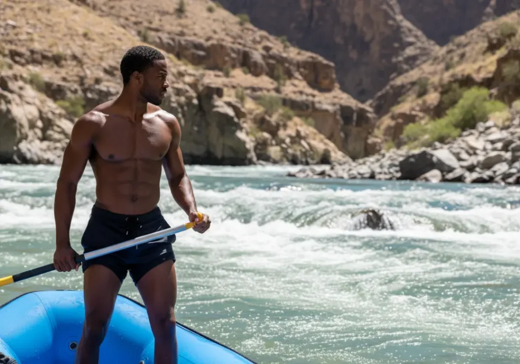 A muscular Black man in a raft, intently studying the turbulent water ahead to identify river features like boils and eddy lines.