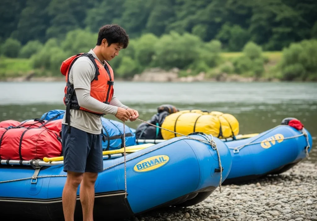An expert rafter demonstrates advanced rigging technique by neatly coiling the excess tail of a strap on his perfectly organized raft.